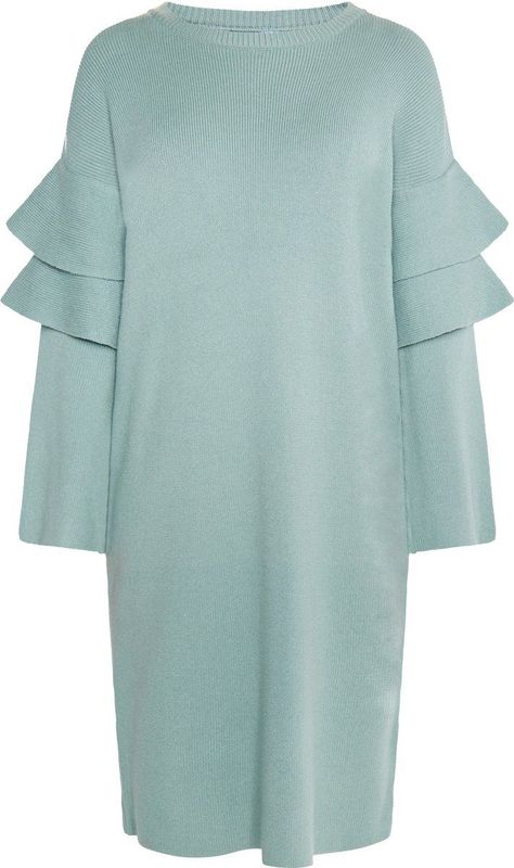 usha - WHITE LABEL - Gebreide Jurk - Lichtblauw - Knielengte - Lange Mouw