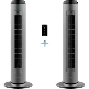Cecotec Stille Torenventilator (48dB) met afstandsbediening (2 Stuks) - Ventilator (60W) met Timer (8h) en Ionisator - Energiezuinige luchtreiniger - Zwart/Grijs