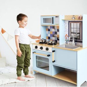 Speelkeuken Licht Blauw - DeQube - Houten Keukentje voor Kinderen - Twee Modules - Met Licht en Geluid - Kinderkeuken inclusief Accessoires