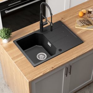 ANYCEE MAX Spoelbakken 65 x 45 cm, 1 spoelbak zwart granieten, onderbouw Spoelbak Keuken met planchet, afdrui