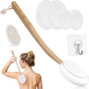 Rugborstel Set - Insmeerhulp - 7 stuks Rugborstel Douche met Steel - met 4 Verwisselbare Pads - Exfoliërende Badborstel - Rugverzorging - Doucheborstel - Lichaamsborstel - Huidborstel - Voor in de douche of in bad - Douche accessoires - Wit
