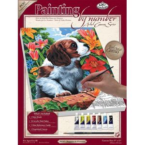 Schilderen op nummer - canvasdoek op houten frame - Paint by numbers - Dieren -puppy tussen de bloemen 22x30cm - Schilderen op nummer volwassenen - Paint by numbers volwassenen
