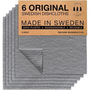 Multifunctionele Schoonmaakdoekjes Gemaakt in Zweden, schoteldoeken - Milieuvriendelijk, Alternatief voor Papieren Doeken – 20x17 cm - Grijs - 6 Stuks Herbruikbare Vaatdoeken Voor in de Keuken