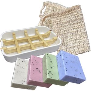 100% Natuurlijke, duurzame Voordeelbundel #2 - 4x Vegan zeep bar (1x rozen, 1x lavendel, 1x kokos en 1x groene thee) - 2x sisal bag, 1x zeephouder kleur: wit