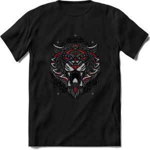 Tijger - Dieren Mandala T-Shirt | Rood | Grappig Verjaardag Zentangle Dierenkop Cadeau Shirt | Dames - Heren - Unisex | Wildlife Tshirt Kleding Kado | - Zwart - 3XL