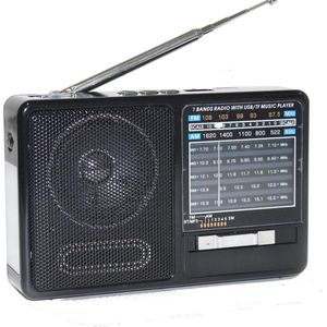 Draagbare radio met Bluetooth-luidspreker, 7 banden en MP3 SD-kaartspeler, oplaadbare batterij, USB en zaklamp inbegrepen.