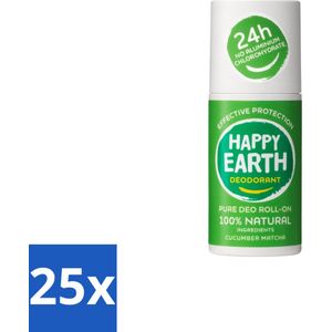 Happy Earth – Deodorant Roll-On – 100% Natuurlijk Cucumber Matcha – 75 ml - Bulkverpakking - 25 stuks
