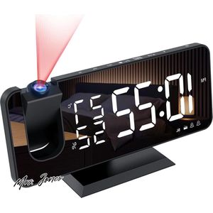 Mrs. Jones Projector Wekker Radio Digitale Klok USB-wekker Dubbel Alarm 7 LED-Spiegelscherm Snooze 4 Helderheidsniveaus 12/24u 15 Volume Thuis Kantoor .