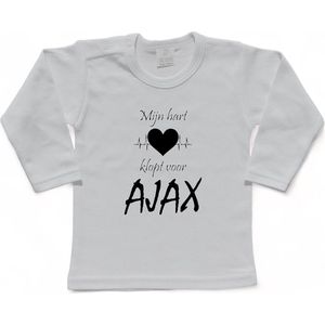 Amsterdam Kinder t-shirt Lange Mouw | ""Mijn hart klopt voor AJAX | Verjaardagkado | verjaardag kado | grappig | jarig | Amsterdam | AJAX | cadeau | Cadeau | Wit/zwart | Maat 86