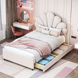 Gestoffeerd kinderbed 90 x 200 cm, bedframe met gebloemd hoofdeinde en lattenbodem, met 2 opbergvakken, meisjesbed logeerbed van huidvriendelijke fluweelstof