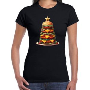 Bellatio Decorations Kerst T-shirt voor dames - kerstboom van hamburgers - zwart - burgerfan - Kerstmis XS