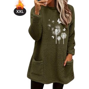 Livano Teddytrui Dames - Teddy Sweater - Fluffy Trui - Hoodie - Winter - Met Print - Legergroen - Maat S