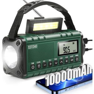Militaire groene noodradio met NOAA-weeralarm - 10000 mAh zonne-/handradio - met SOS-noodsignaal - AM/FM/NOAA-weerradio - zaklamp en leeslamp voor noodgevallen