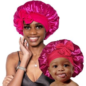 Zijden Babymutsen Set Satijnen Elastische Band Moeder en Baby Meisjes Jongens Felroze