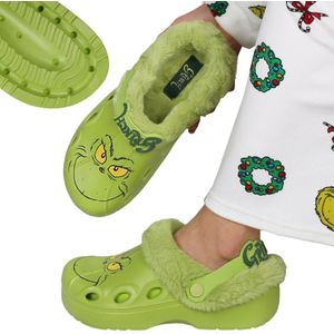 Grinch Groene slippers GEÏSOLEERD, FEESTELIJKE klompen met bont voor volwassenen, WARM voor de winter