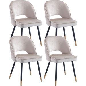 Colenis® - Richard Eetkamerstoel - Set Van 4 - Beige - Chenille Stof - Zwarte Gouden Poten - Eetkamerstoelen