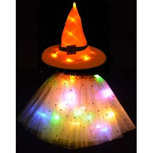 Halloween Kostuum Meisjes Met LED Lichtjes - Lichtgevend Rokje en Heksenhoed - Oranje - Koningsdag
