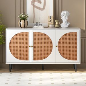 Dressoir met 3 rotandeuren - ladekast - highboard met metalen handgrepen - voor slaapkamer & woonkamer & kantoor - wit 129,8 * 40 * 76 cm