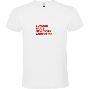 Wit T-shirt 'LONDON, PARIS, NEW YORK, ABBEKERK' Rood Maat L