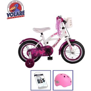 Volare Kinderfiets Heart Cruiser - 12 inch - Wit/Paars - Met fietshelm & accessoires