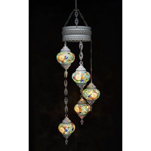 Hanglamp multicolour blauw glas mozaïek 5 bollen Turkse Oosterse Crèmewit Marokkaanse kroonluchter