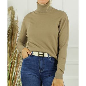 Dames col trui Roba-effen taupe bruin-fijngebreid-maat L/XL-koltrui-coltrui