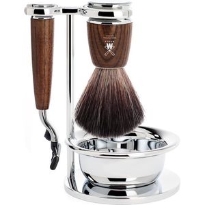 MÜHLE -Scheerset 4-delig- Black Fibre en Gillette Mach3 - Handvatten Essenhout -Rytmo