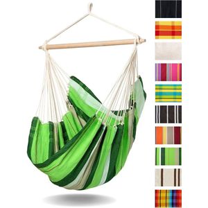 Hangstoel cocoon Grote hangstoel handgemaakt in Brazilië Brasil Oliva met dwarsstang van FSC beukenhout 110 cm tot 150 kg groen gestreept hangstoel cocoon