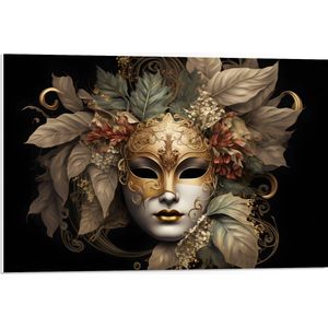 PVC Schuimplaat- Venetiaanse carnavals Masker met Gouden en Beige Details tegen Zwarte Achtergrond - 75x50 cm Foto op PVC Schuimplaat
