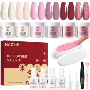 NAXSIR Nail Dip Powder Kit - Natuurlijk Roze + Fijne Glitter | Professionele Dip nagels voor DIY Nagelverlenging