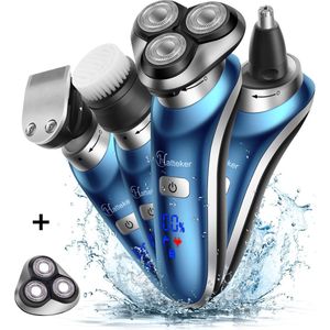 Hatteker 4-in-1 Elektrisch Scheerapparaat voor Mannen – LED Display – Baardtrimmer, Neustrimmer & Gezichtsborstel – Inclusief Vervangend Scheerhoofd – Blauw