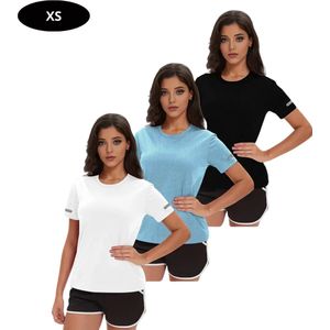 Nivard Sportshirt Dames - Sport - Fitness - Compressie Shirt - Corrigerend Hemd - Sportkleding - Vrouwen - 3 Stuks - Zwart + wit + Blauw - XS