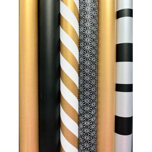 Inpakpapier Cadeaupapier 6 rollen Zwart Wit Goud Luxe- Breedte 70 cm - 2m lang