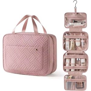 Ultiluxe® Luxe toilettas met ophang haak - Roze/goud - Opberger toiletspullen - Make-up tasje ophangbaar - Voor op reis/vakantie - Grote makeup koffer - Beautycase, organizer voor dames, reistas - Waterbestendig - Opbergtas