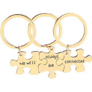 Bixorp Friends Vriendschap Sleutelhanger voor 3 Goudkleurige Puzzelstukjes - Roestvrij staal / Stainless Steel - Sleutelhanger Liefde - Best Friends BFF Cadeau Meisjes & Kinderen