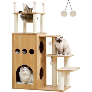 Kasteel Kattenkrabpaal XXL van Hout - Kattenu - 130 cm hoog - Houten krabpaal met 4 verdiepingen - kattenmeubel met krabpalen - Met kattenhuisje