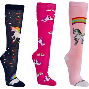 Hoge kindersokken | Eenhoorn | Kleur: Roze / Blauw | Maat: 19-22 | Aantal: 3 paar