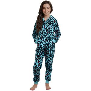 Meisjes Onesie Luipaard Pyjama Set - Zacht Fleece Jumpsuit met Capuchon voor Kinderen 5-13 Jaar