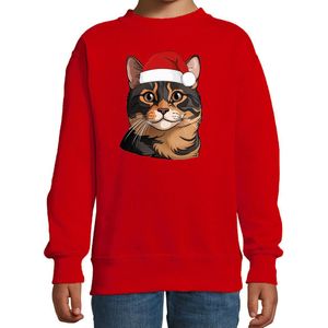 Bellatio Decorations Kersttrui / sweater kat/poes - kinderen - bruine kat/poes - rood - kerstmuts - Kerstmis 98/104
