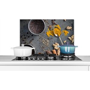 Spatscherm keuken 70x50 cm - Kookplaat achterwand Kruiden op grijze achtergrond - Muurbeschermer - Spatwand fornuis - Hoogwaardig aluminium