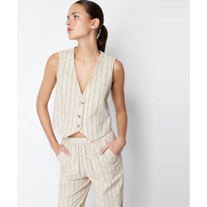 Trendyol Beige Gestreept Crop-Geweven Vest Van Katoenlinnen Twoss24Ye00025