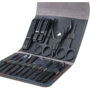 Professionele Manicure en Pedicure Set Nagelverzorging Gereedschap 16-in-1 RVS Nagelknipper - Luxe Lederen Reistas Inbegrepen Zwart