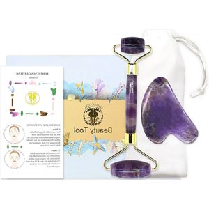 Traditionele Chinese beauty gezichtsmassage set - halfedelsteen schraper en roller - amethist uit Brazilië
