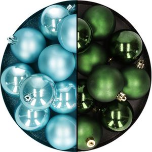 Kerstballen 24x st - mix donkergroen/ijsblauw - 6 cm - kunststof - kerstversiering