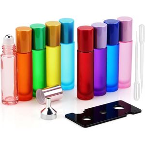 9 stuks roll-on glazen flessen van 10 ml voor etherische olie met roestvrijstalen rollerbal - kleurrijk en leeg