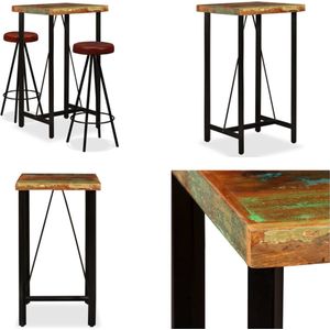 vidaXL Barset massief gerecycled hout en echt leer 3-delig - Bar Set - Bar Sets - Bar Tafel En Kruk - Bar Tafels En Krukken
