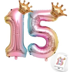 Cijfer Ballon nummer 15 - Prins - Prinses - Royal Rainbow - Ballon - Regenboog Unicorn Kleuren - Prinsessen Verjaardag