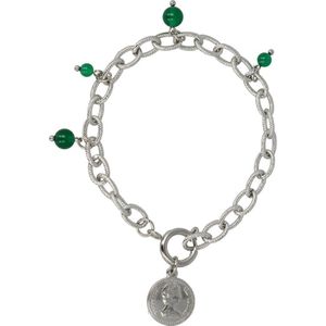 My Bendel Schakelarmband zilverkleurig met muntbedel en Green Agate edelsteen - Zilverkleurige getwiste schakelarmband met Green Agate Bedels - Met luxe cadeauverpakking