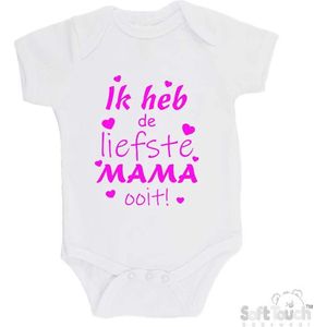 100% katoenen Romper ""Ik heb de liefste MAMA ooit!"" Moederdag Meisjes Katoen Wit/Fluor pink Maat 62/68