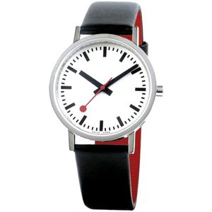 Mondaine A660.30314.16OM Classic Pure Unisex Horloge - M660.30314.16OM - Stationsklok - Mineraalglas - Roestvrijstaal/Leer - Zilver/Zwart - Ø 36 mm